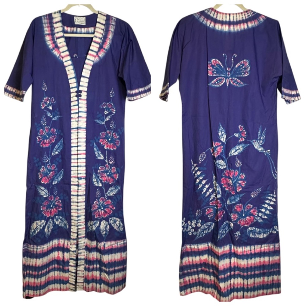 Bette of Jamaica Original Batik Floral Butterfly Caftan Duster Boho Resort VTG